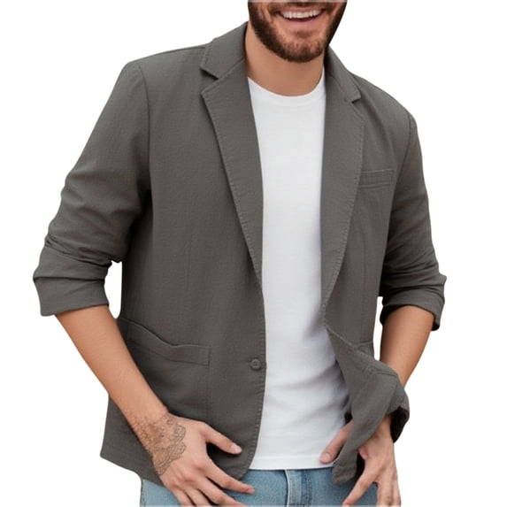 Husipze Blazers for Men Business Casual Relaxed Fit Long Sleeve Lapel Open Front Suit Jacket Faux Linen Two Button Work Blazer with Pockets Dark Gray XXL