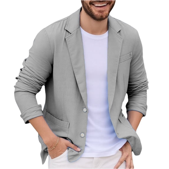 Husipze Blazers for Men Business Casual Relaxed Fit Long Sleeve Lapel Open Front Suit Jacket Faux Linen Two Button Work Blazer with Pockets Silver XXL