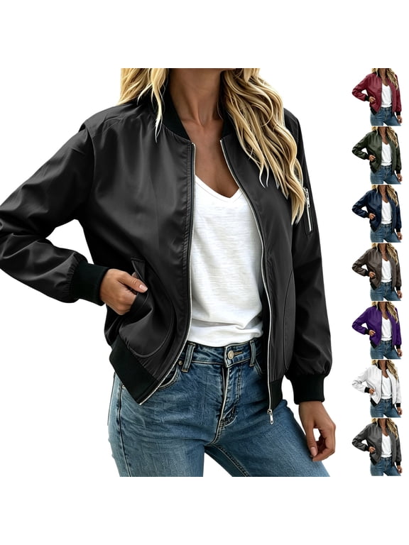 Bomber Jacket Women Lightweight Zip Up Sweatshirts Jackets Long Sleeve Casual Loose Outwear with Pockets Black L