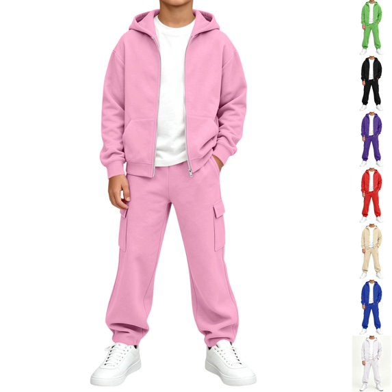 Husipze Boys 2 Piece Fleece Solid Sweatsuit Set Zip Hooded Sweatshirts and Straight Leg Joggers Fall Winter Clothing Set Pink 12-13 Years