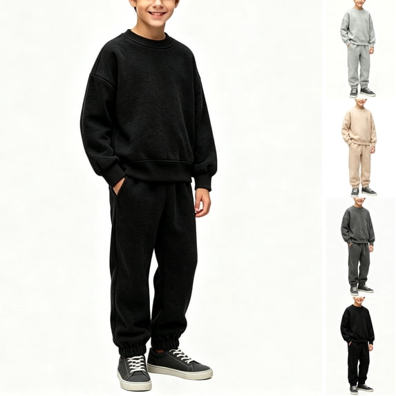 Husipze Boys 2 Piece Sweart Suit Set Crewneck Cozy Fleece Pullover Sweatshirts and Tapered Jogger Pants Elastic Waist Sweatpants Tracksuit Set Black 9-10 Years