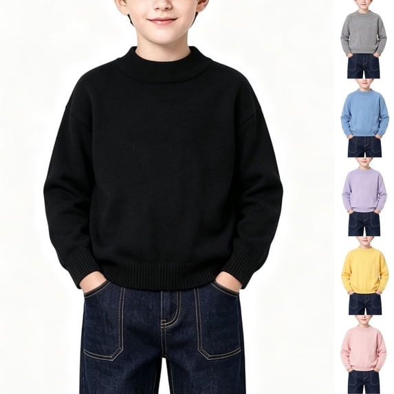 Husipze Boys Crewneck Sweater Solid Long Sleeve Kids Thick Warm School Pullover Fall Winter Basic Cozy Knit Jumper Tops Black 3-4 Years