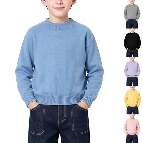 Husipze Boys Crewneck Sweater Solid Long Sleeve Kids Thick Warm School Pullover Fall Winter Basic Cozy Knit Jumper Tops Blue 14-15 Years