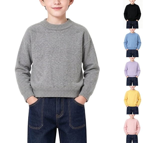 Husipze Boys Crewneck Sweater Solid Long Sleeve Kids Thick Warm School Pullover Fall Winter Basic Cozy Knit Jumper Tops Gray 7-8 Years