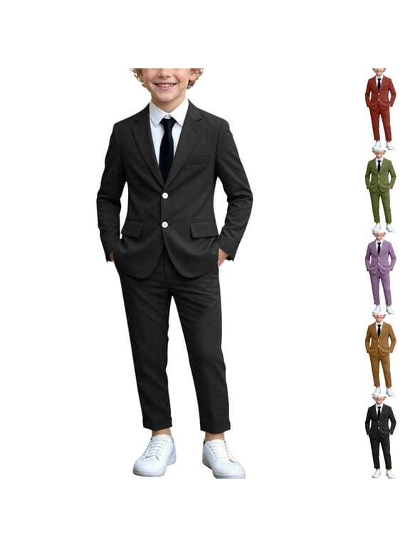 Boys Dress Suit 2 Piece Set Straight Leg Formal Pants and Button Classic Fit Blazer with Flap Pockets with Flap Pockets for Kids Outfit Black 7-8 Years