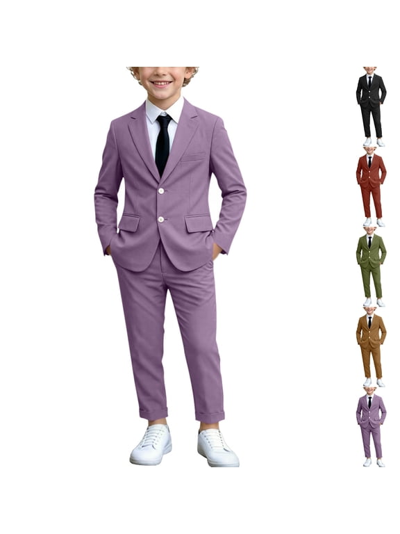 Boys Dress Suit 2 Piece Set Straight Leg Formal Pants and Button Classic Fit Blazer with Flap Pockets with Flap Pockets for Kids Outfit Purple 11-12 Years