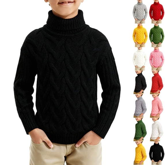 Husipze Boys Girls Cable Knit Turtleneck Sweater Unisex Long Sleeve Soft Stretchy Kids Warm Pullover Basic Fall Winter Knitwear Black 1-2 Years