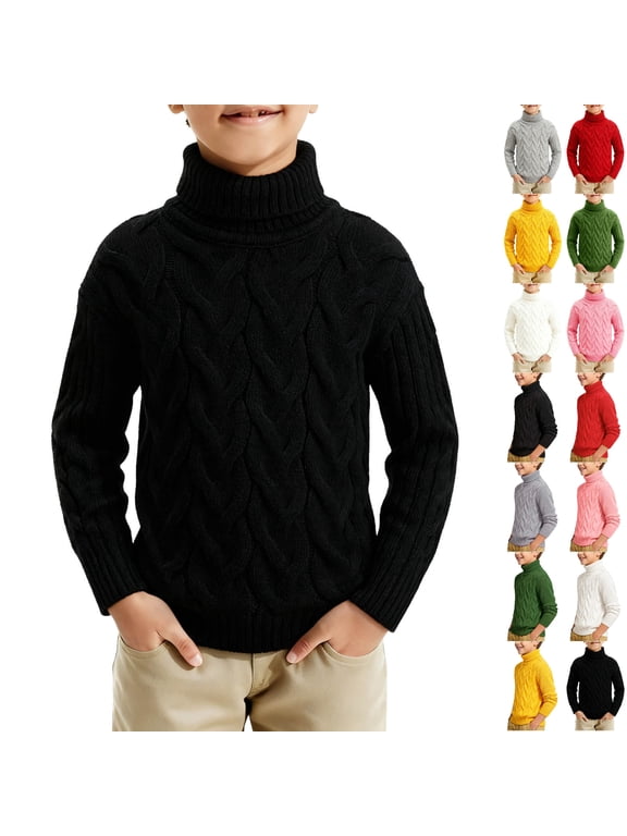 Boys Girls Cable Knit Turtleneck Sweater Unisex Long Sleeve Soft Stretchy Kids Warm Pullover Basic Fall Winter Knitwear Black 1-2 Years