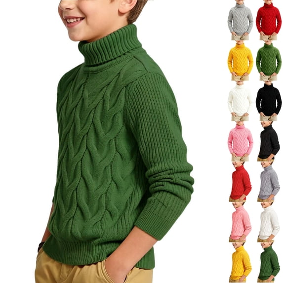 Husipze Boys Girls Cable Knit Turtleneck Sweater Unisex Long Sleeve Soft Stretchy Kids Warm Pullover Basic Fall Winter Knitwear Green 10-11 Years