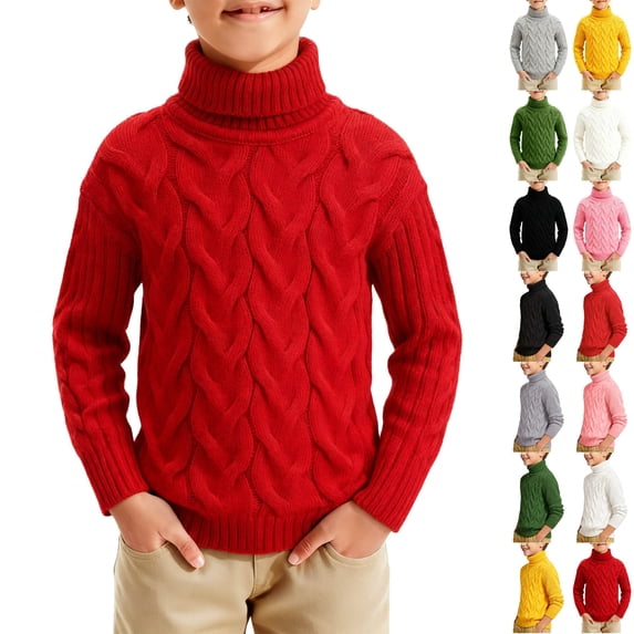 Husipze Boys Girls Cable Knit Turtleneck Sweater Unisex Long Sleeve Soft Stretchy Kids Warm Pullover Basic Fall Winter Knitwear Red 9-10 Years