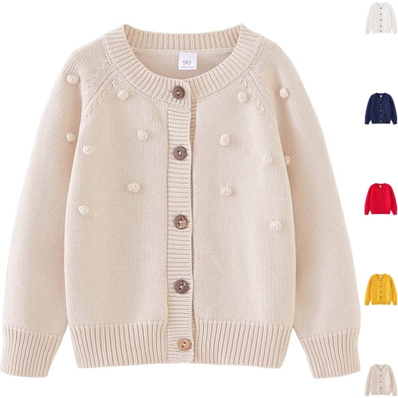 Husipze Boys Girls Cute Pom Knit Cardigan Sweater Unisex Button Front Long Sleeve Lightweight Soft Knit Jackets Khaki 2 Years