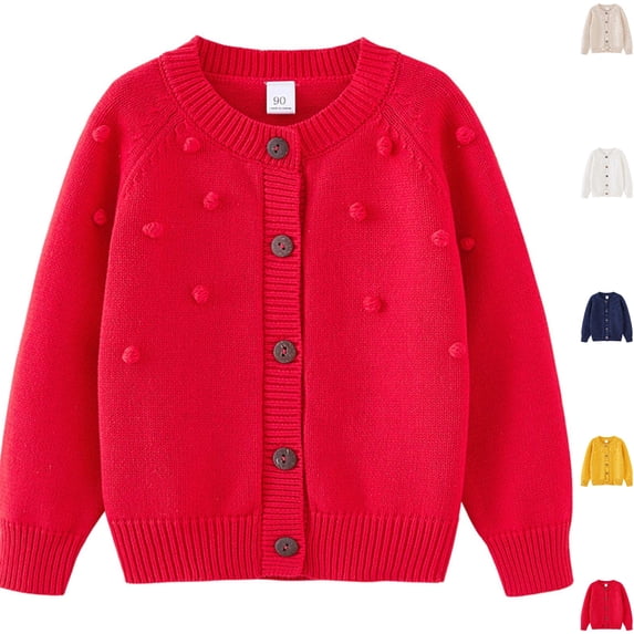 Husipze Boys Girls Cute Pom Knit Cardigan Sweater Unisex Button Front Long Sleeve Lightweight Soft Knit Jackets Red 4 Years
