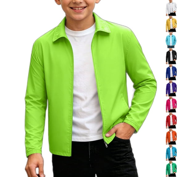 Husipze Boys Girls Lightweight Cardigan Jacket Full Zip Lapel Collar Windproof with Pockets Casual Water Resistant Fall Winter Outerwear Green 14-15 Years