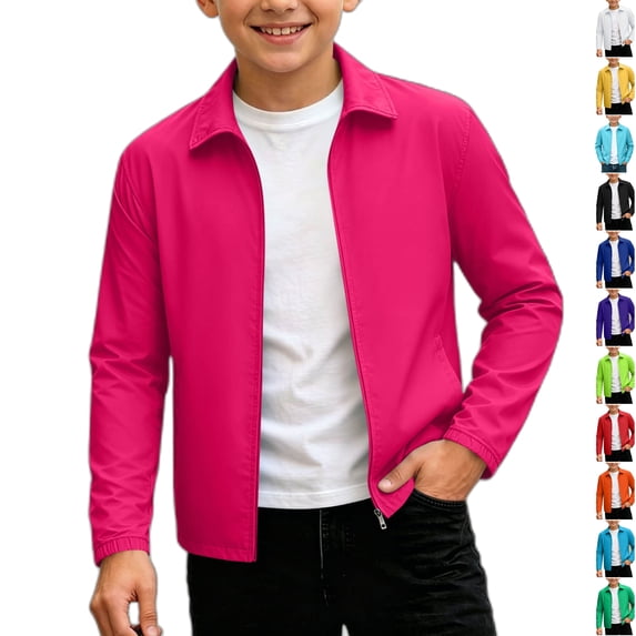 Husipze Boys Girls Lightweight Cardigan Jacket Full Zip Lapel Collar Windproof with Pockets Casual Water Resistant Fall Winter Outerwear Hot Pink 14-15 Years