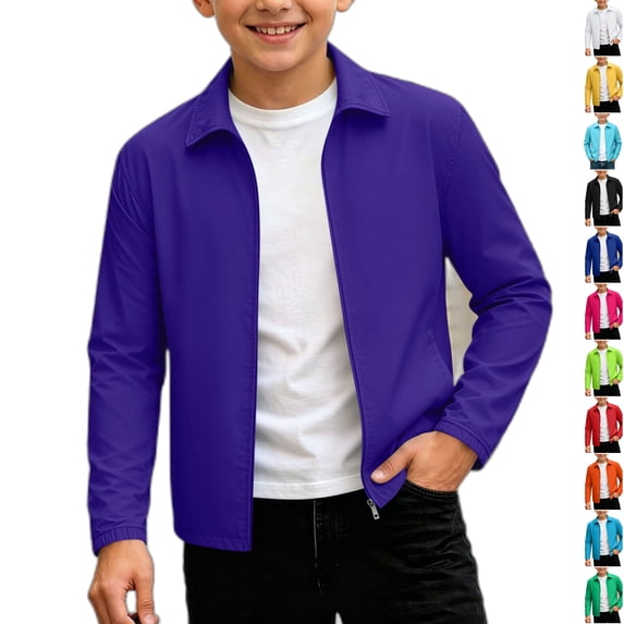 Husipze Boys Girls Lightweight Cardigan Jacket Full Zip Lapel Collar Windproof with Pockets Casual Water Resistant Fall Winter Outerwear Purple 9-10 Years