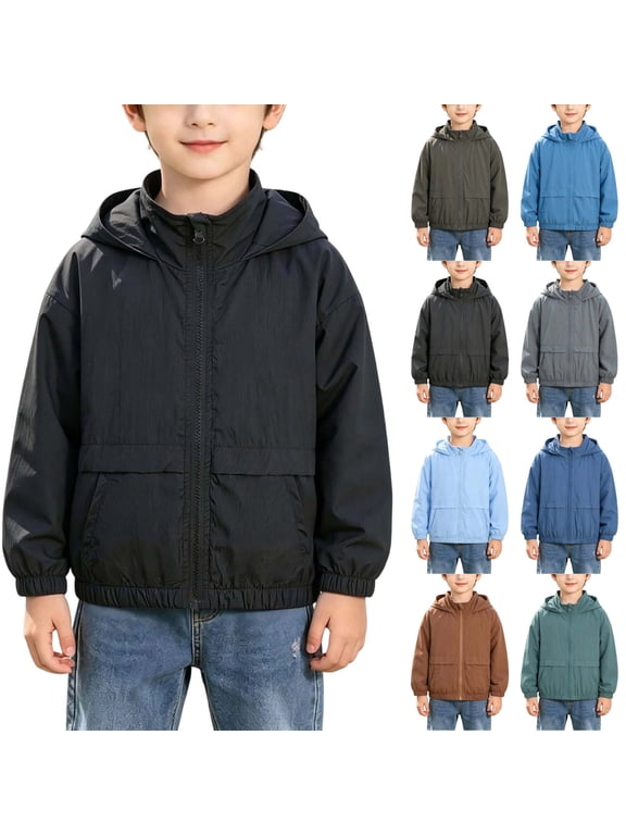 Boys Hooded Zip-up Jacket Long Sleeve Solid Lightweight Loose Fit Casual Breathable Outerwear with Pockets for Fall Winter Black 4-5 Years