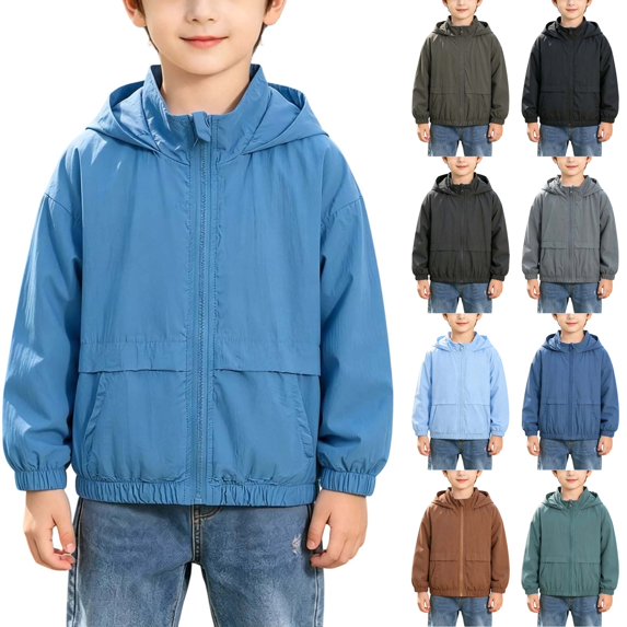 Husipze Boys Hooded Zip-up Jacket Long Sleeve Solid Lightweight Loose Fit Casual Breathable Outerwear with Pockets for Fall Winter Blue 8-9 Years