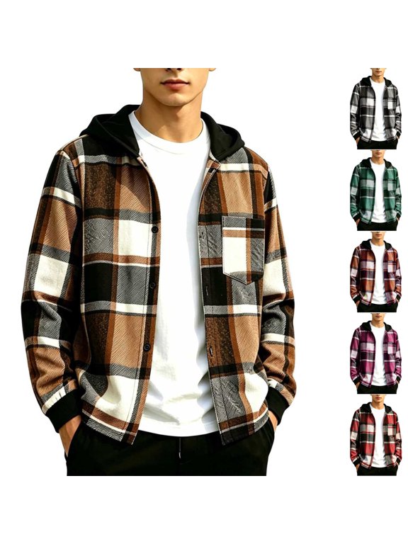 Boys Plaid Hooded Shirt Jacket Button Front Long Sleeve Check Jacket Soft Casual School Fall Winter Plaid Outerwear 5-6 Years
