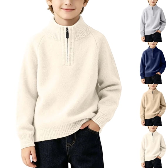 Husipze Boys Quarter Zipper Mock Neck Sweater Knit Pullover with Ribbed Cuffs and Hem Soft Long Sleeve Top for Fall Winter and School Beige 4-5 Years