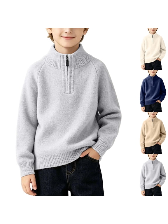 Boys Quarter Zipper Mock Neck Sweater Knit Pullover with Ribbed Cuffs and Hem Soft Long Sleeve Top for Fall Winter and School Gray 1-2 Years
