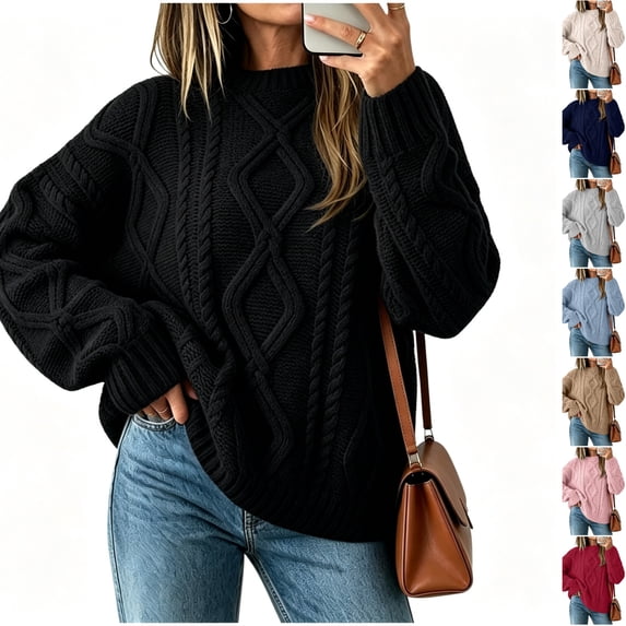 Husipze Cable Chunky Knit Crew Neck Pullover Sweater for Women Long Sleeve Oversized Loose Fit Tops for Fall Winter Black S