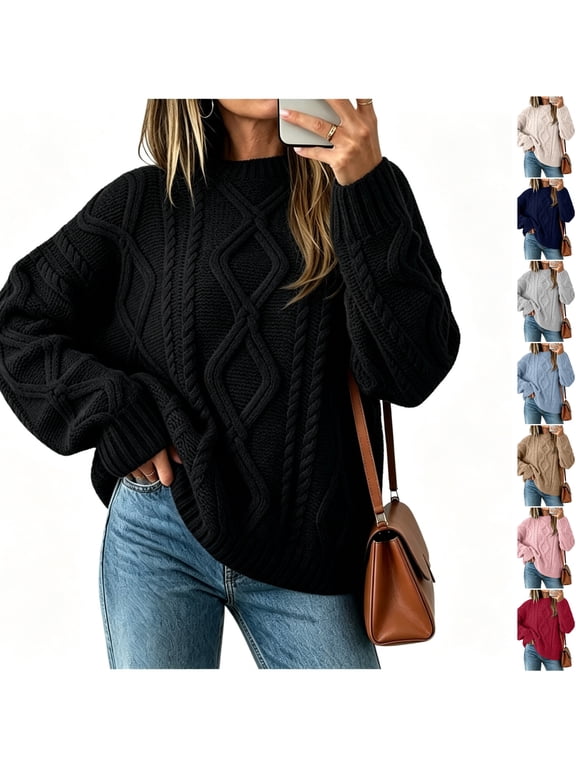 Cable Chunky Knit Crew Neck Pullover Sweater for Women Long Sleeve Oversized Loose Fit Tops for Fall Winter Black S