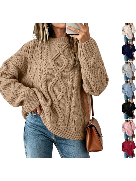 Cable Chunky Knit Crew Neck Pullover Sweater for Women Long Sleeve Oversized Loose Fit Tops for Fall Winter Khaki L
