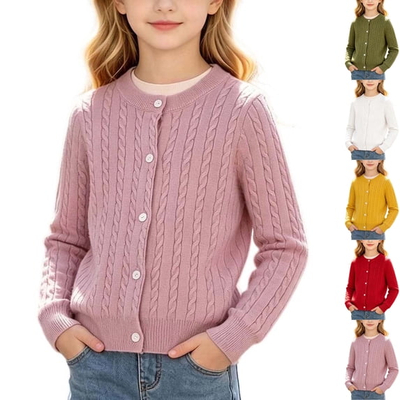 Husipze Cable Knit Cardigan Sweater for Girl Button Front Long Sleeves Cozy Soft Relaxed Fit Lightweight Fashion Outerwear Pink 4-5 Years