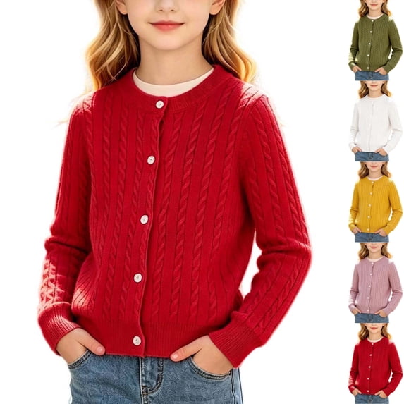 Husipze Cable Knit Cardigan Sweater for Girl Button Front Long Sleeves Cozy Soft Relaxed Fit Lightweight Fashion Outerwear Red 3-4 Years