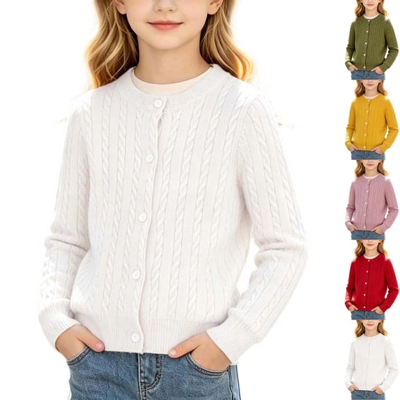 Husipze Cable Knit Cardigan Sweater for Girl Button Front Long Sleeves Cozy Soft Relaxed Fit Lightweight Fashion Outerwear White 2-3 Years