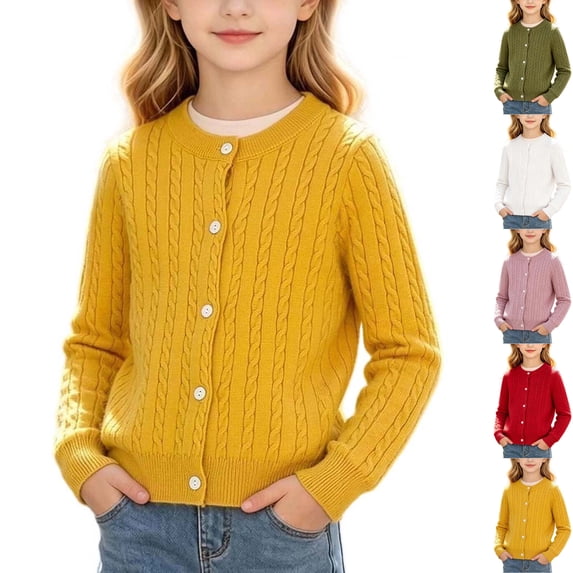 Husipze Cable Knit Cardigan Sweater for Girl Button Front Long Sleeves Cozy Soft Relaxed Fit Lightweight Fashion Outerwear Yellow 6-7 Years