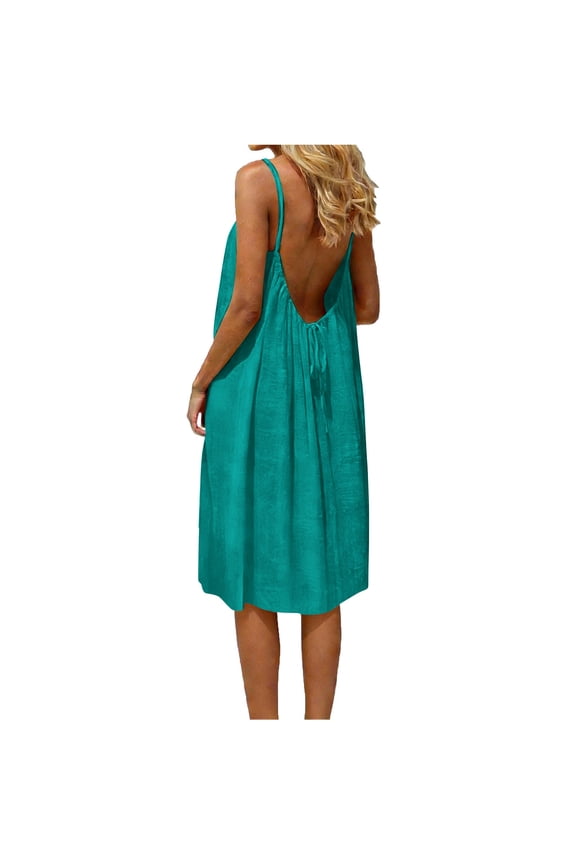 Cami Backless Summer Dresses for Women Spaghetti Strap Knee Length Dress Drawstring Casual Loose Fit Sundresses Mint Green XXL
