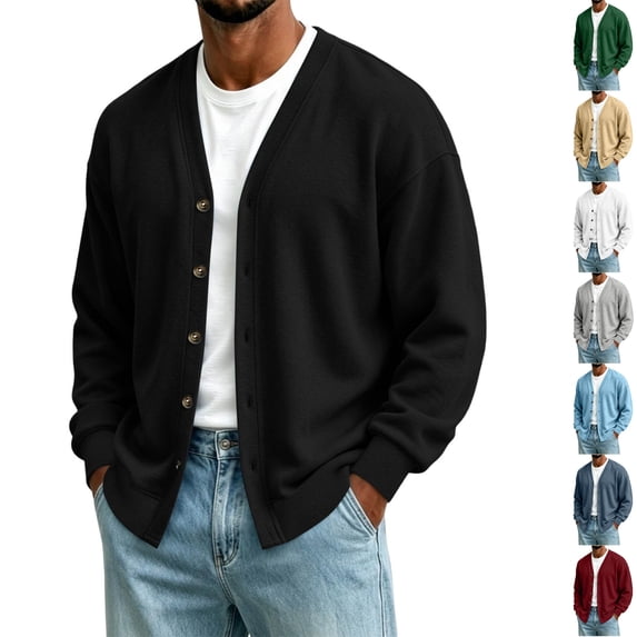 Husipze Cardigan Sweater for Men Button Down Long Sleeve Loose Fit Oversized V Neck Casual Cardigan Tops Black S