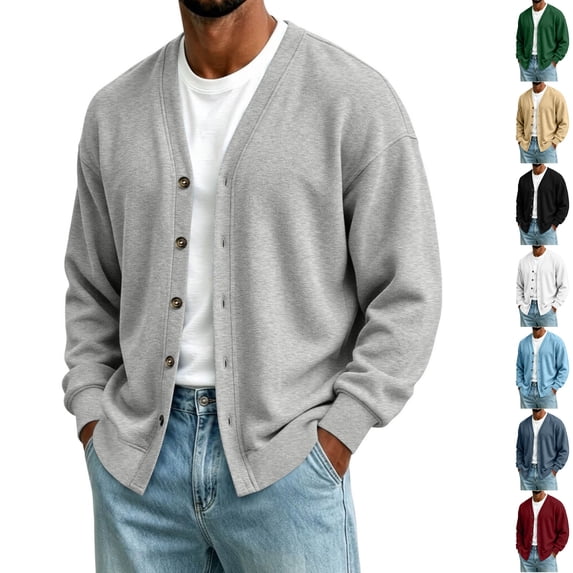 Husipze Cardigan Sweater for Men Button Down Long Sleeve Loose Fit Oversized V Neck Casual Cardigan Tops Gray L