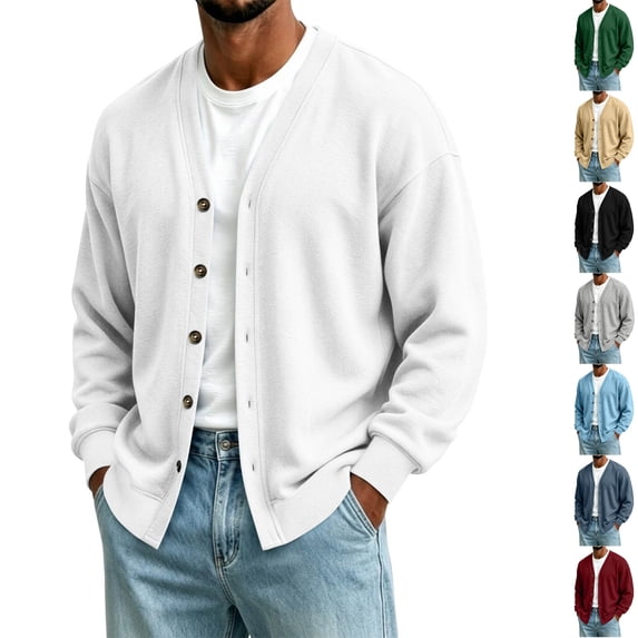 Husipze Cardigan Sweater for Men Button Down Long Sleeve Loose Fit Oversized V Neck Casual Cardigan Tops White 2XL
