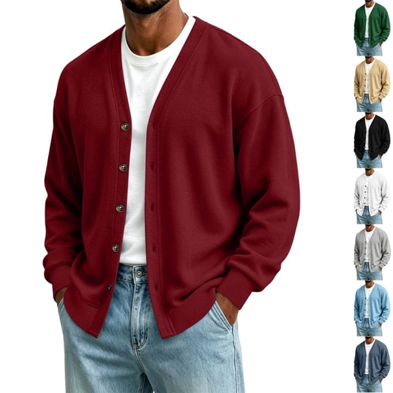 Husipze Cardigan Sweater for Men Button Down Long Sleeve Loose Fit Oversized V Neck Casual Cardigan Tops Wine L
