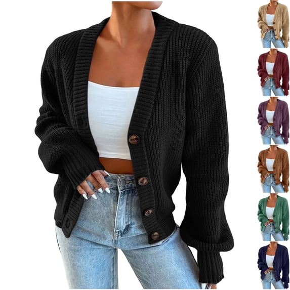 Husipze Chunky Knit Cardigan Sweater for Womens V Neck Oversized Button Down Long Sleeve Ribbed Texture Loose Fit Casual Tops Black S