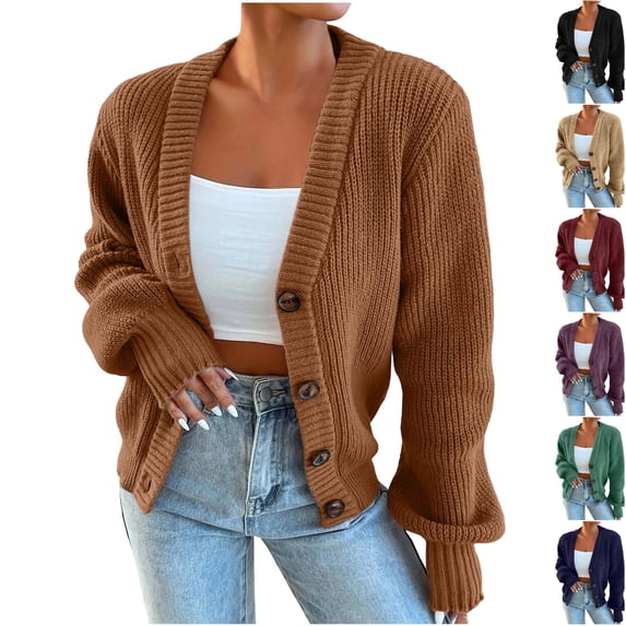 Husipze Chunky Knit Cardigan Sweater for Womens V Neck Oversized Button Down Long Sleeve Ribbed Texture Loose Fit Casual Tops Brown M