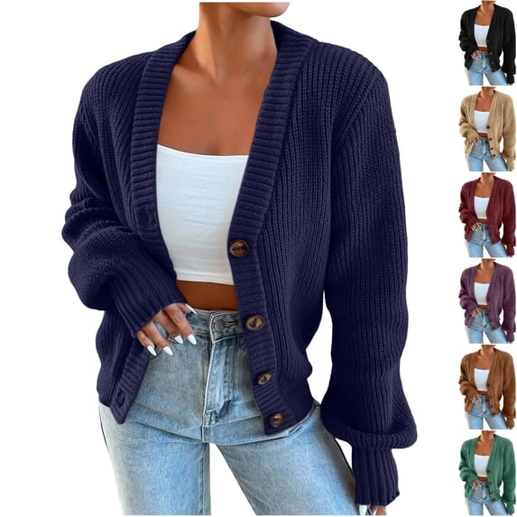 Husipze Chunky Knit Cardigan Sweater for Womens V Neck Oversized Button Down Long Sleeve Ribbed Texture Loose Fit Casual Tops Navy S