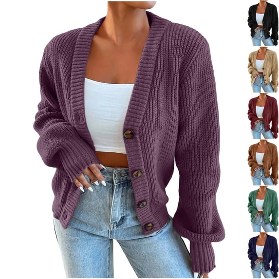 Husipze Chunky Knit Cardigan Sweater for Womens V Neck Oversized Button Down Long Sleeve Ribbed Texture Loose Fit Casual Tops Purple S