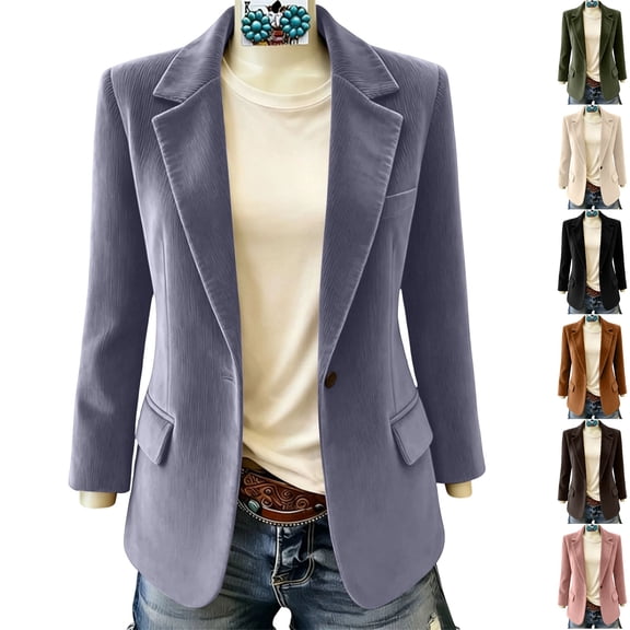 Husipze Corduroy Blazer Jacket for Women Classic Single Button Notch Lapel Lightweight Soft Casual Work Suit Coat Purple S