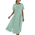 thumbnail image 1 of Husipze Cotton Linen Midi Dresses for Women with Adjustable Button Side Slit Short Sleeve Casual Loose Fit Dress for Summer Green XXL, 1 of 9