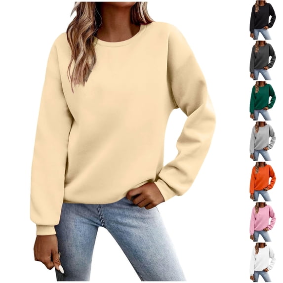 Husipze Crewneck Sweatshirt for Women Oversized Long Sleeve Soft Casual Solid Color Pullover Tops for Fall Winter Beige XS