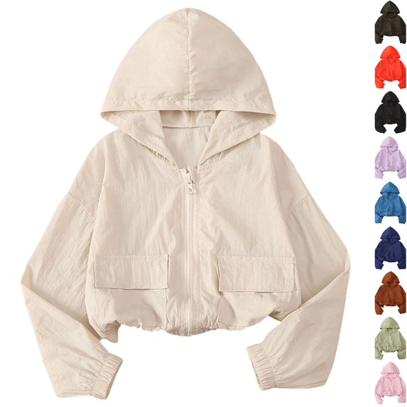 Husipze Cropped Hooded Jacket for Girls Lightweight Zip Up Active Outdoor Coat Relaxed Fir Casual School Outerwear Beige 5 Years