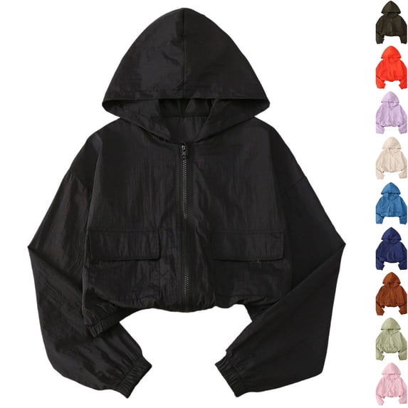 Husipze Cropped Hooded Jacket for Girls Lightweight Zip Up Active Outdoor Coat Relaxed Fir Casual School Outerwear Black 5 Years
