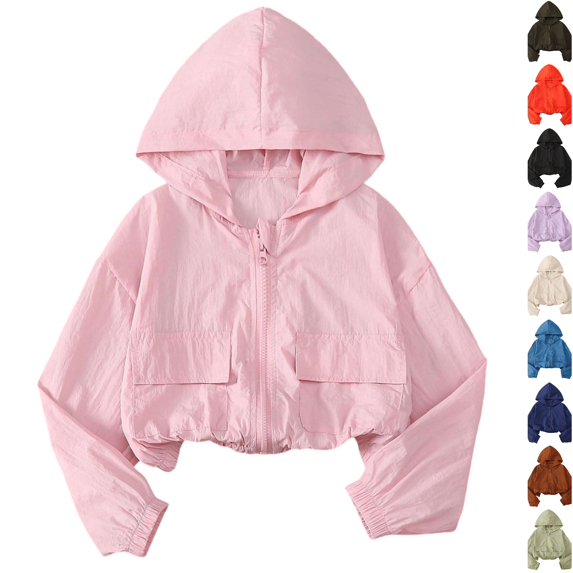 Husipze Cropped Hooded Jacket for Girls Lightweight Zip Up Active Outdoor Coat Relaxed Fir Casual School Outerwear Pink 6 Years