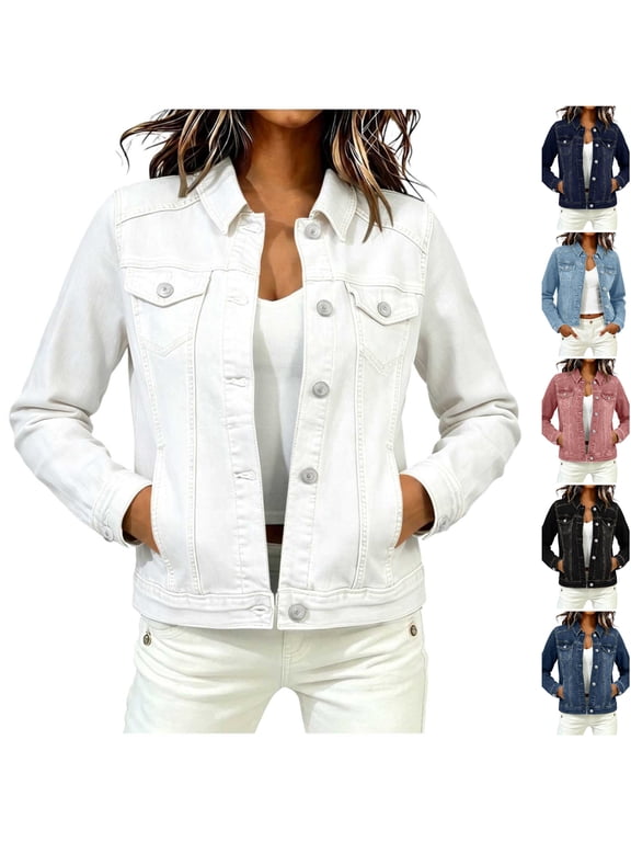 Cropped Jean Jackets for Women Classic Lightweight Fitted Button Down Stretchy Short Denim Jacket with Pockets White L