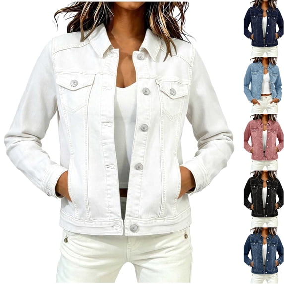 Husipze Cropped Jean Jackets for Women Classic Lightweight Fitted Button Down Stretchy Short Denim Jacket with Pockets White S