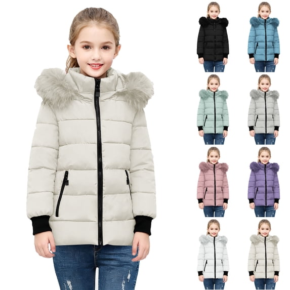 Husipze Cute Puffer Quilted Jacket for Girl Long Sleeve Full Zip Casual Outdoor Winter Coat with Fuzzy Trim Hood Beige 9-10 Years