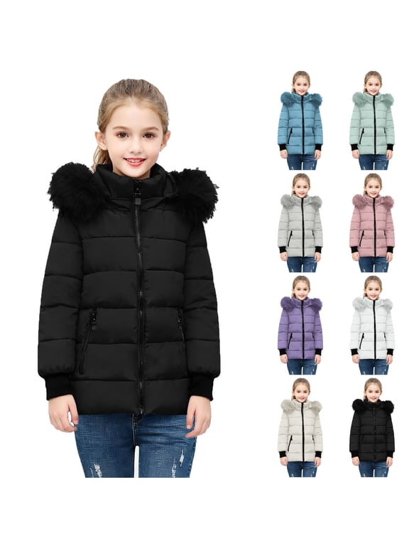 Cute Puffer Quilted Jacket for Girl Long Sleeve Full Zip Casual Outdoor Winter Coat with Fuzzy Trim Hood Black 9-10 Years